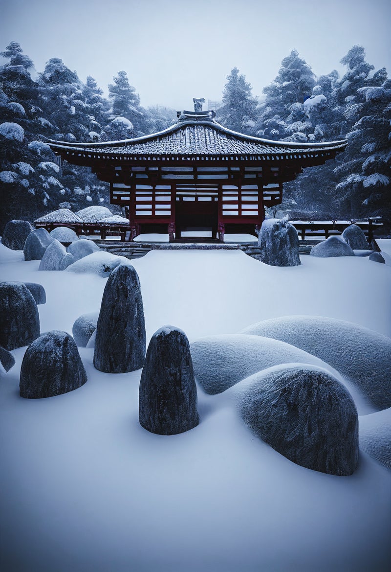 「雪が降り積もる中の寺院」の写真