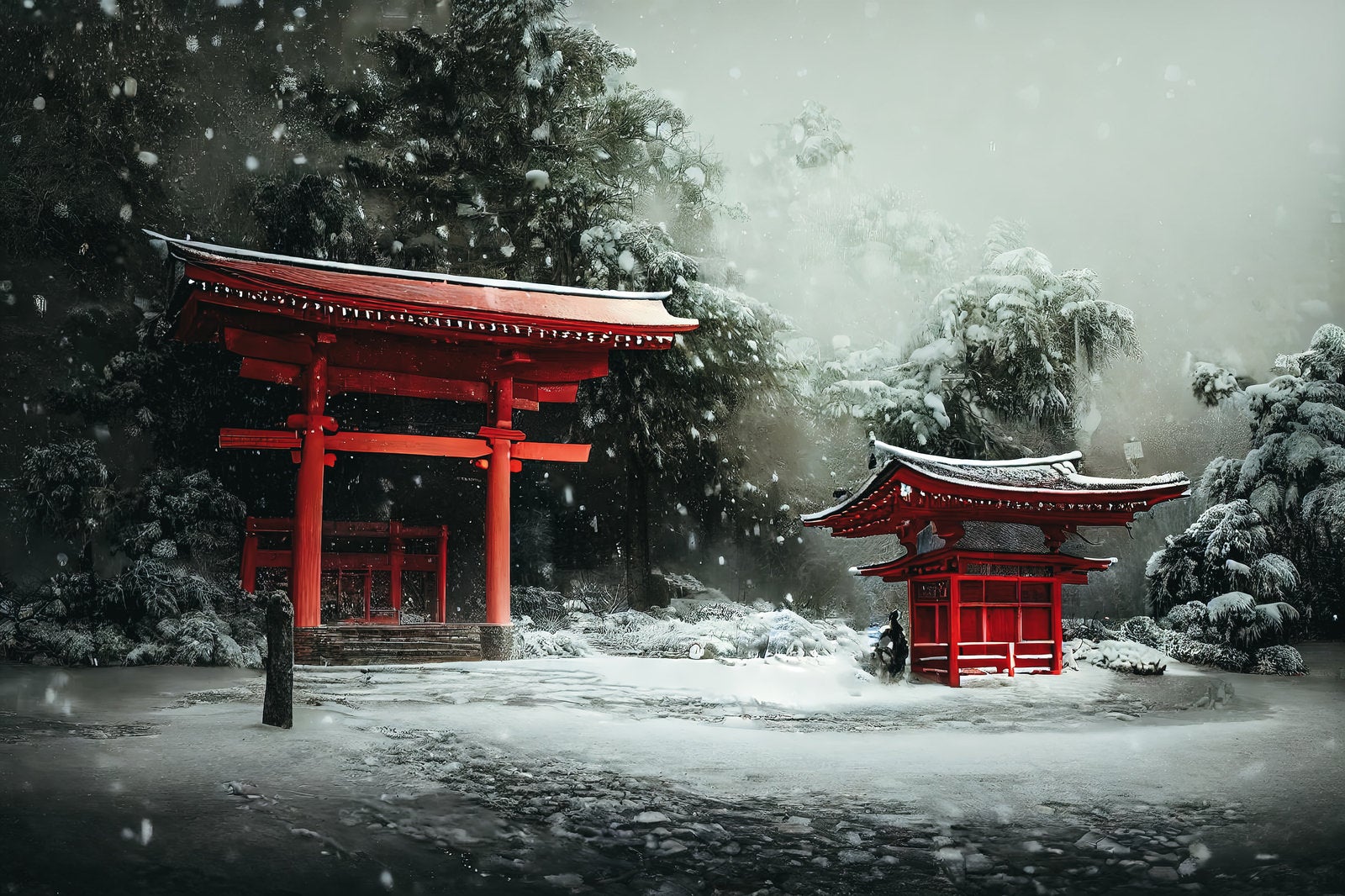 「雪が吹雪く中の大きな赤い鳥居」の写真