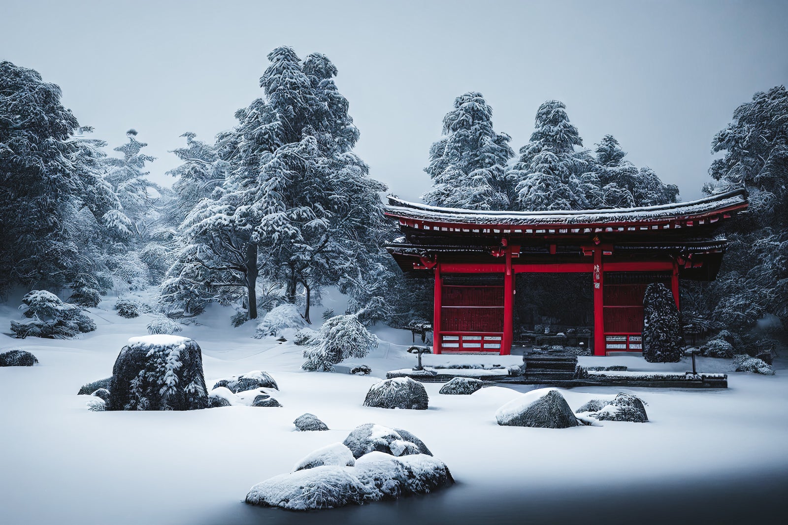 「雪が降り積もる静寂な寺院」の写真