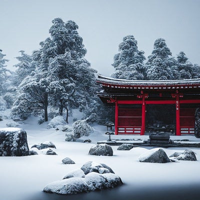雪が降り積もる静寂な寺院の写真