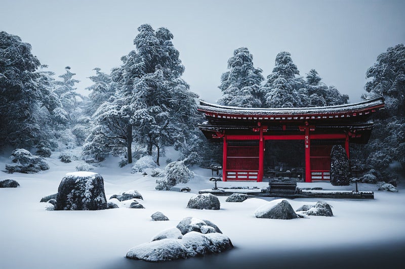 雪が降り積もる静寂な寺院の写真