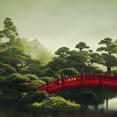 池泉庭園に架かる太鼓橋の写真