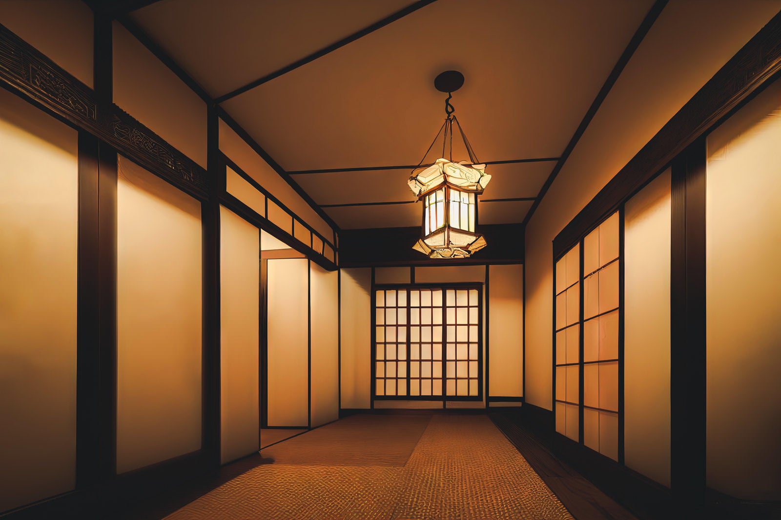 「アジアンテイストな照明と廊下」の写真