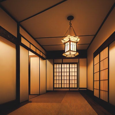 アジアンテイストな照明と廊下の写真