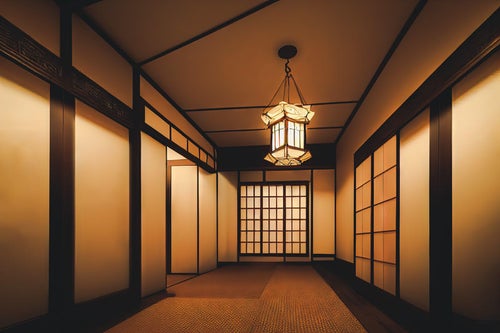 アジアンテイストな照明と廊下の写真