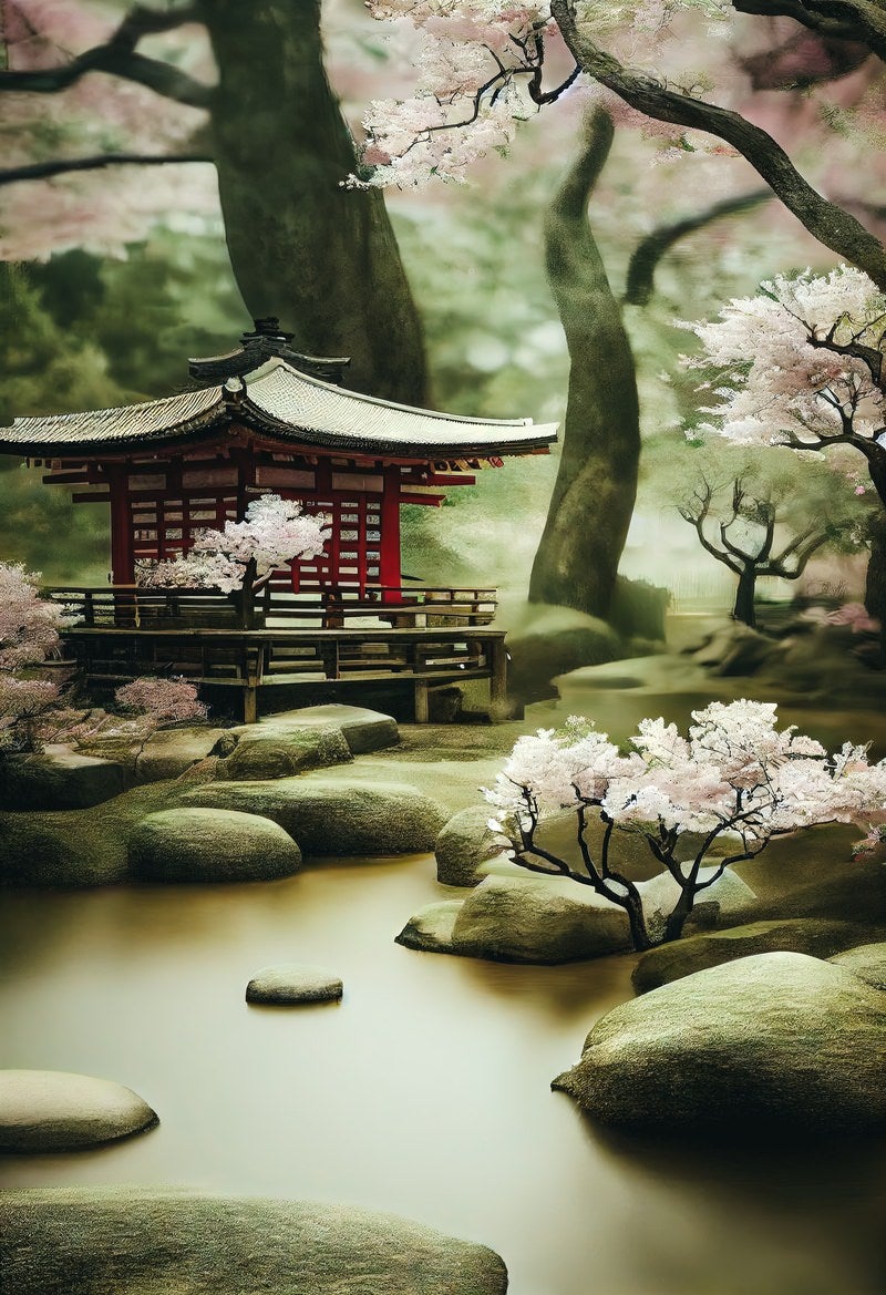 桜と池泉庭園の写真