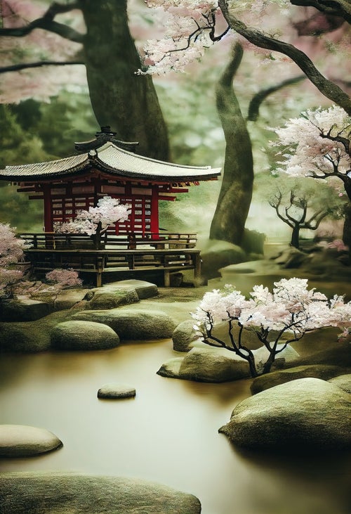 桜と池泉庭園の写真