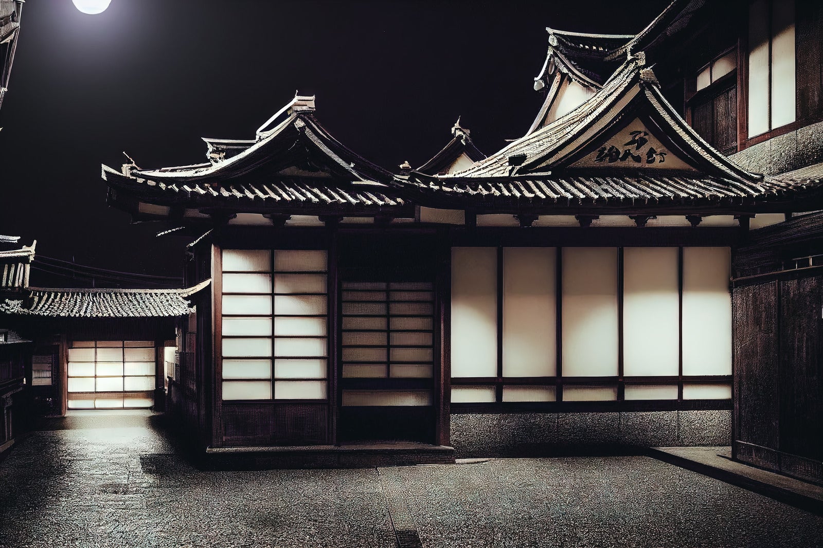 「月明りに照らされた日本家屋」の写真