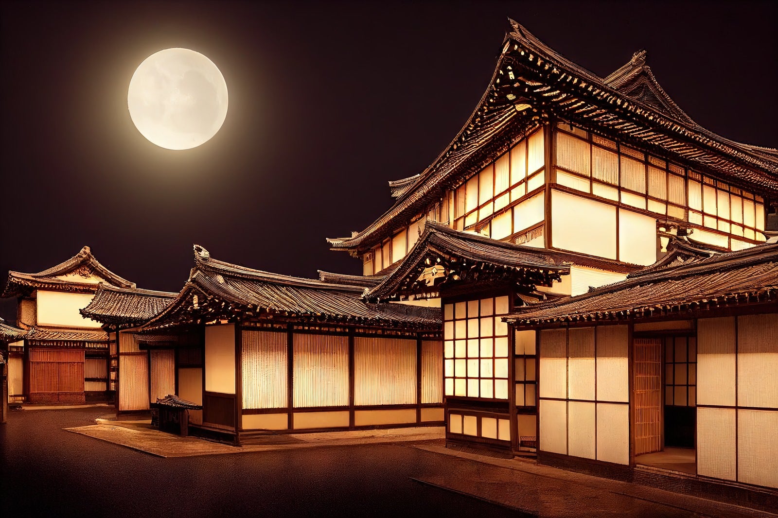 「満月に照らされた日本家屋」の写真
