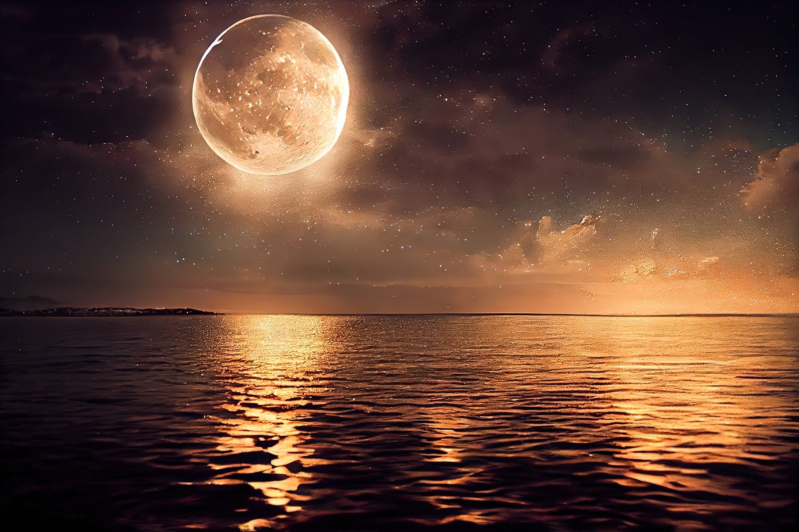 「さざ波に揺れるレイラインと満月」の写真