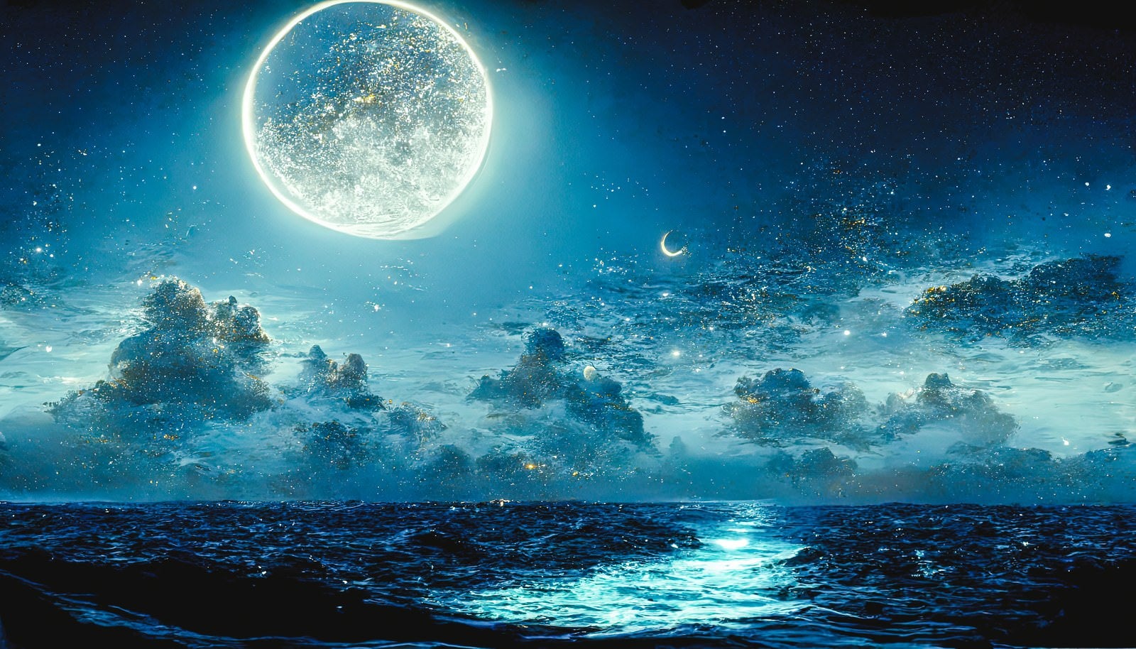 「満天の星空に浮かぶ満月」の写真