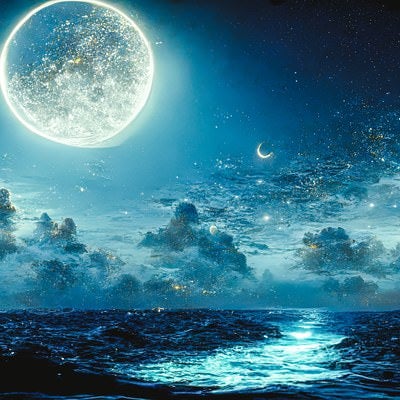 満天の星空に浮かぶ満月の写真