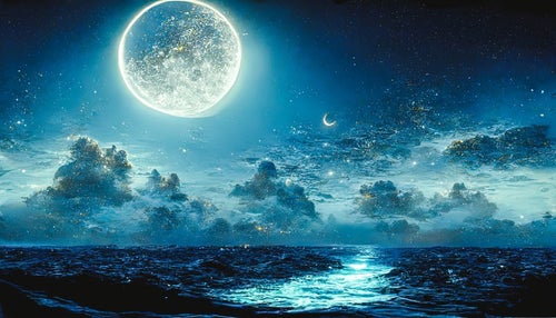 満天の星空に浮かぶ満月の写真