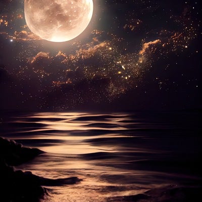 さざ波に揺れる満月の月明りの写真