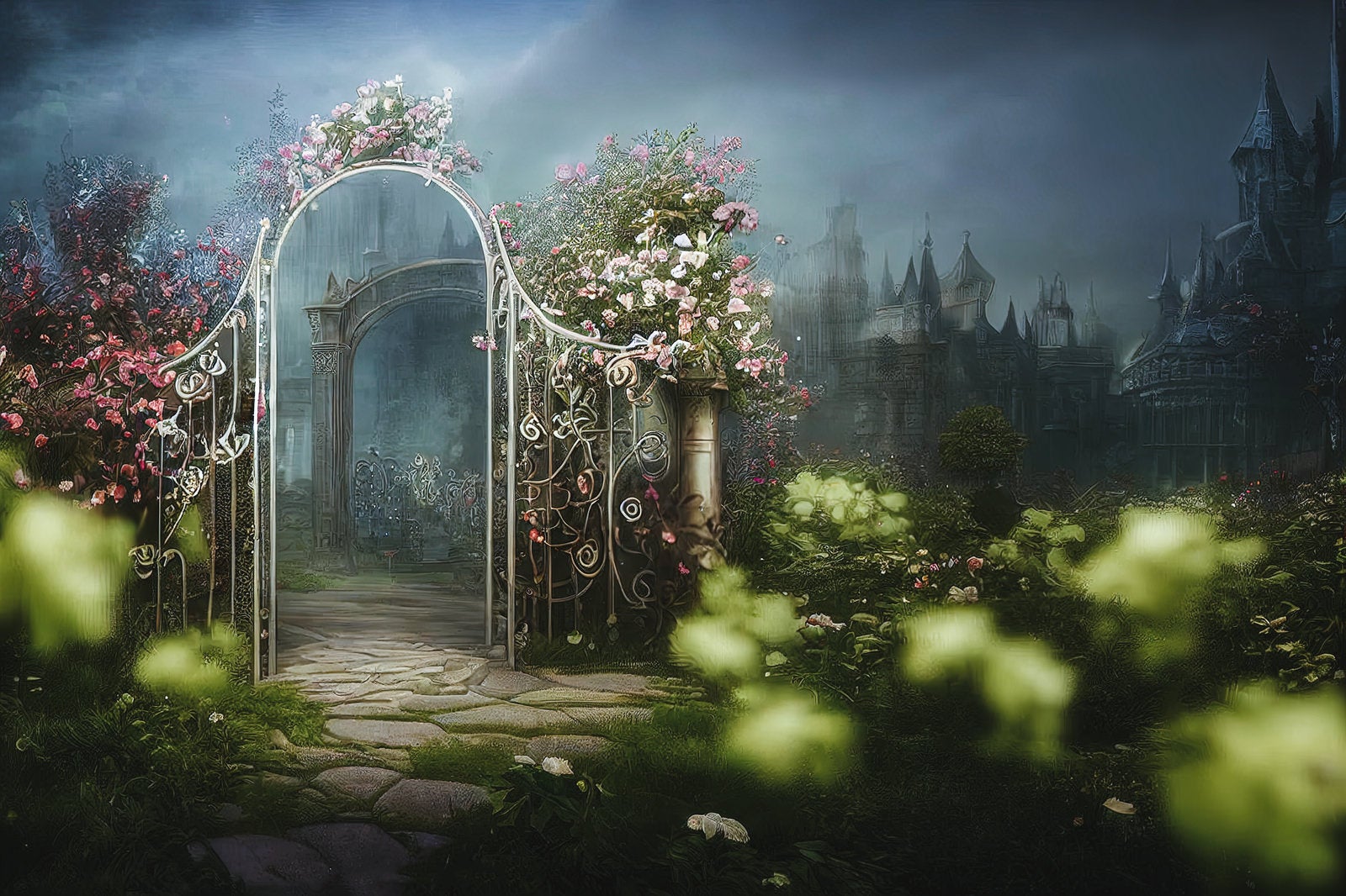 「中庭へと続く花で彩られた門」の写真