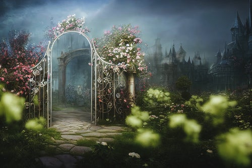 中庭へと続く花で彩られた門の写真