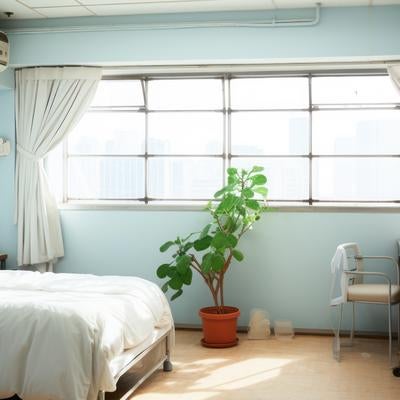 病室のベッドと観葉植物の写真