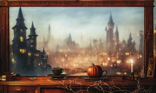 古城の灯りと窓際のかぼちゃの写真