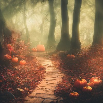 落葉とかぼちゃの道の写真