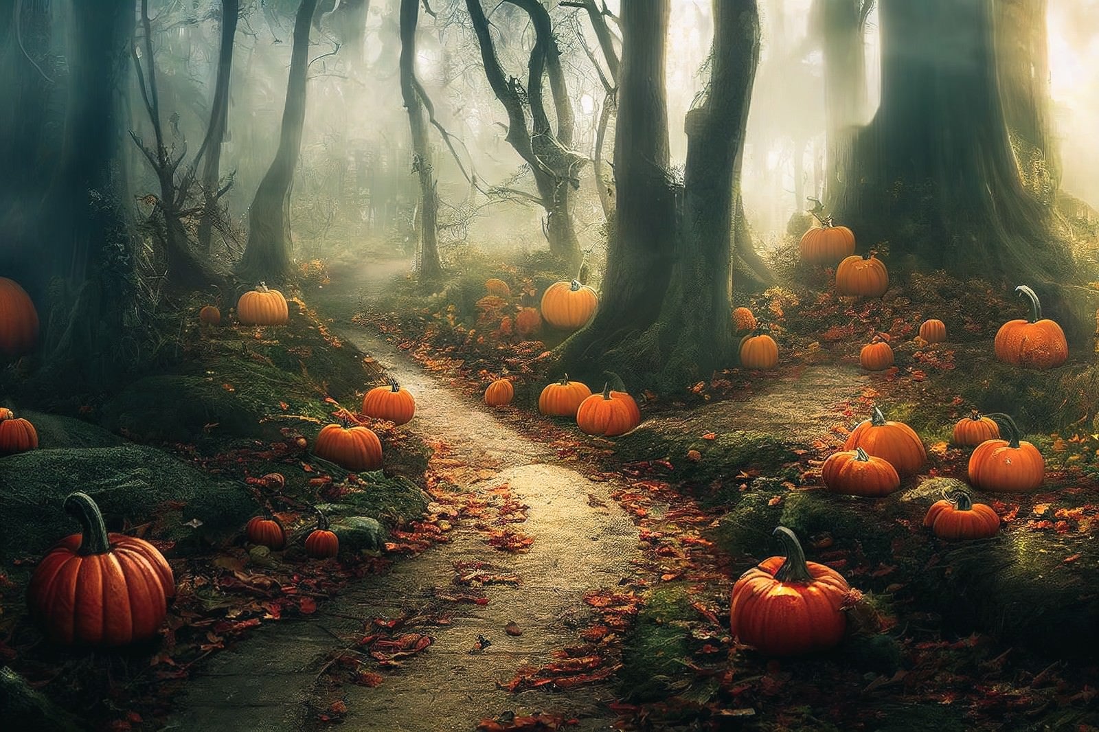 「かぼちゃが散らばるハロウィンの森」の写真