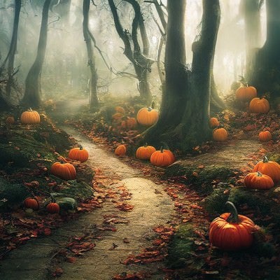 かぼちゃが散らばるハロウィンの森の写真