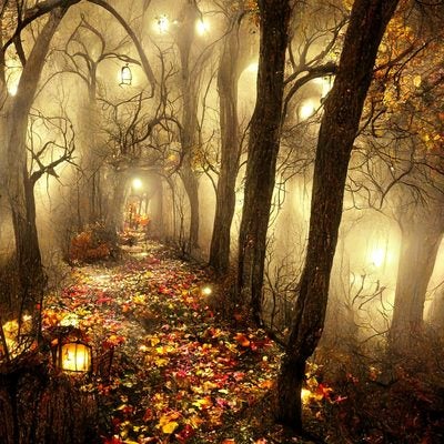 ランタンと落ち葉の森ロードの写真