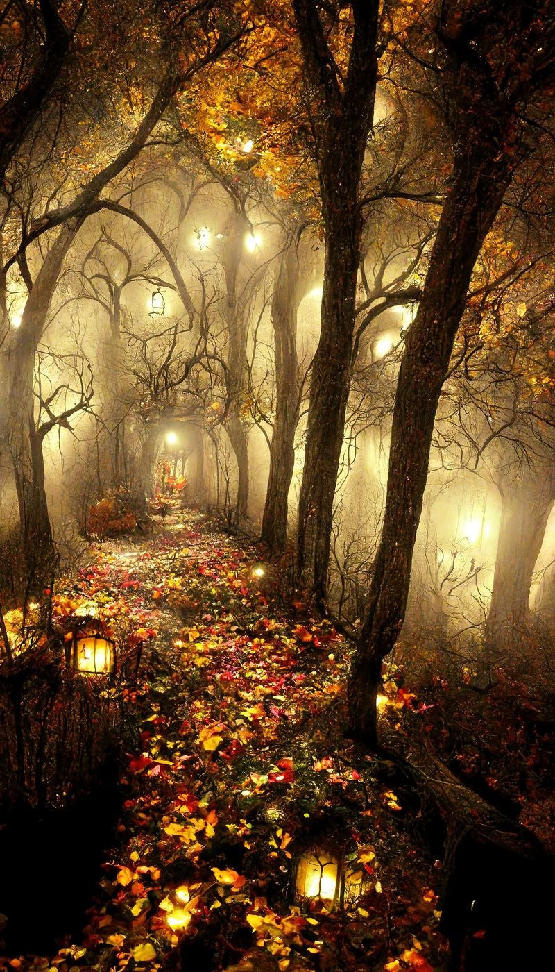 「ランタンと落ち葉の森ロード」の写真