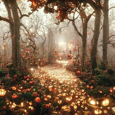 森のライトアップ（ハロウィン）の写真