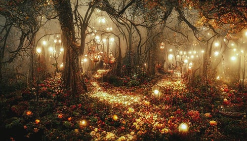 ライトアップされたハロウィンの森の写真