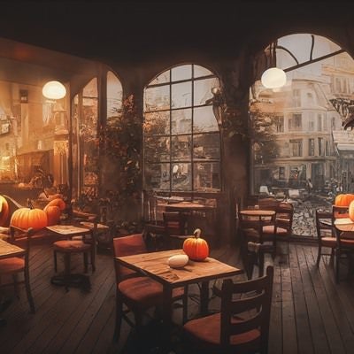 ジャックランタンと喫茶店の写真