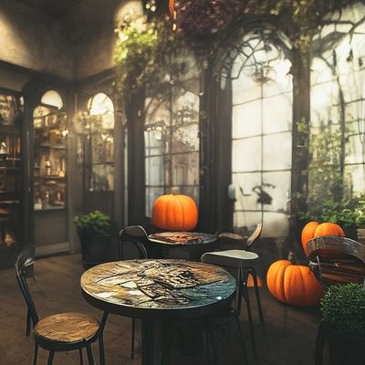 かぼちゃを置いてハロウィンモードの店内の写真