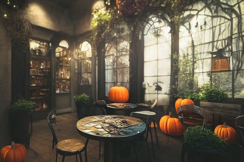 かぼちゃを置いてハロウィンモードの店内の写真