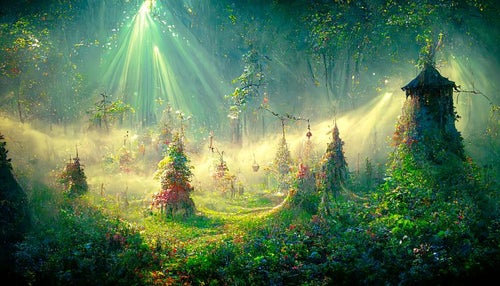 光が差し込む不思議な森の写真