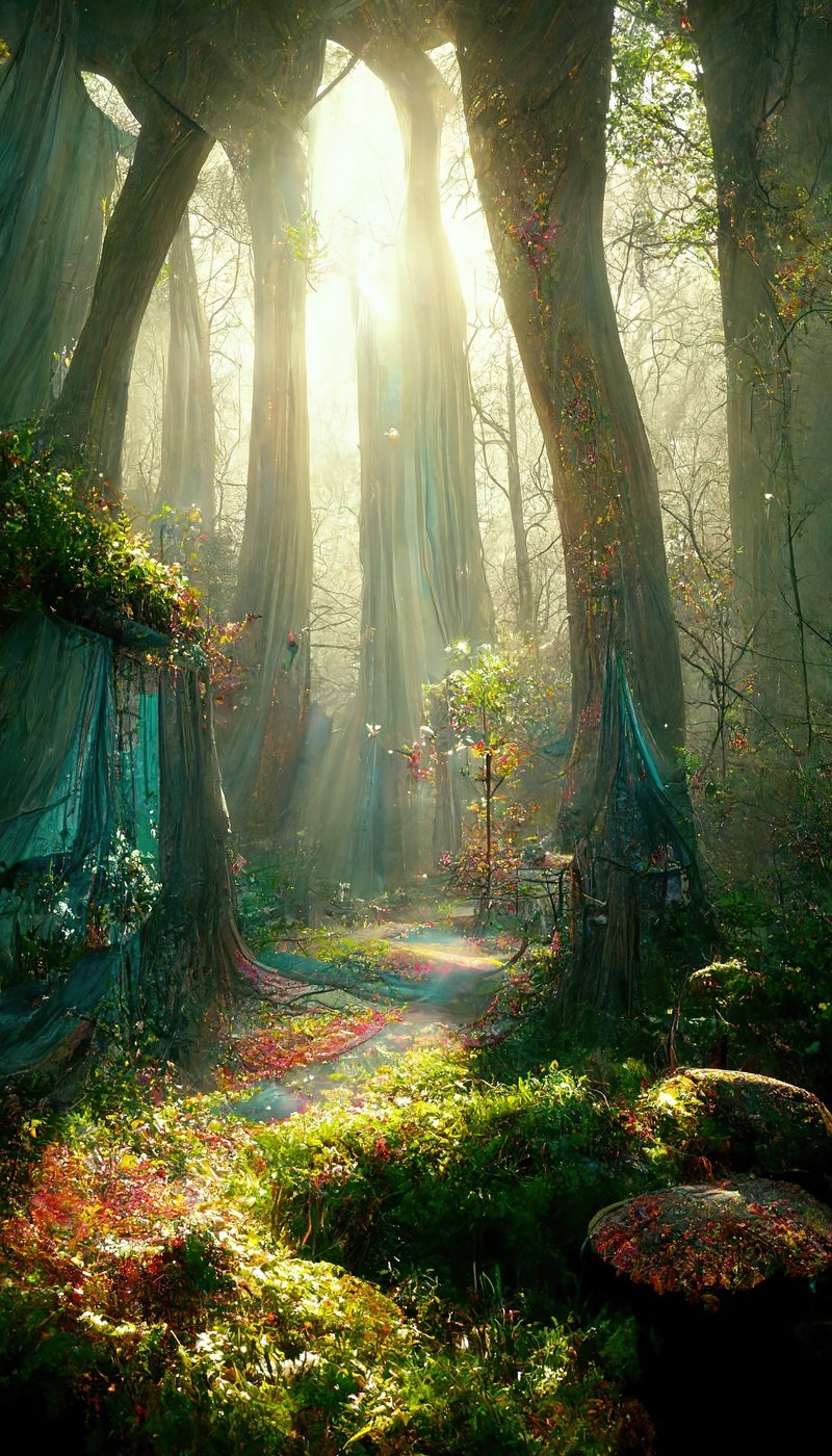 「逆光が差し込む森の中」の写真