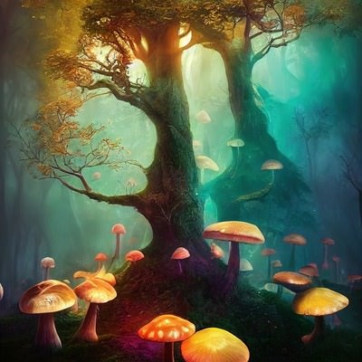 発光するケミカルきのこと幻想的な深い森の写真