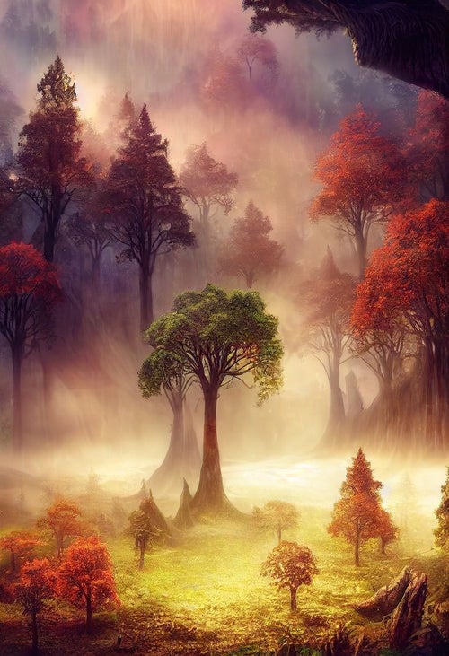 日の光が美しく差し込む朝霧の森の写真