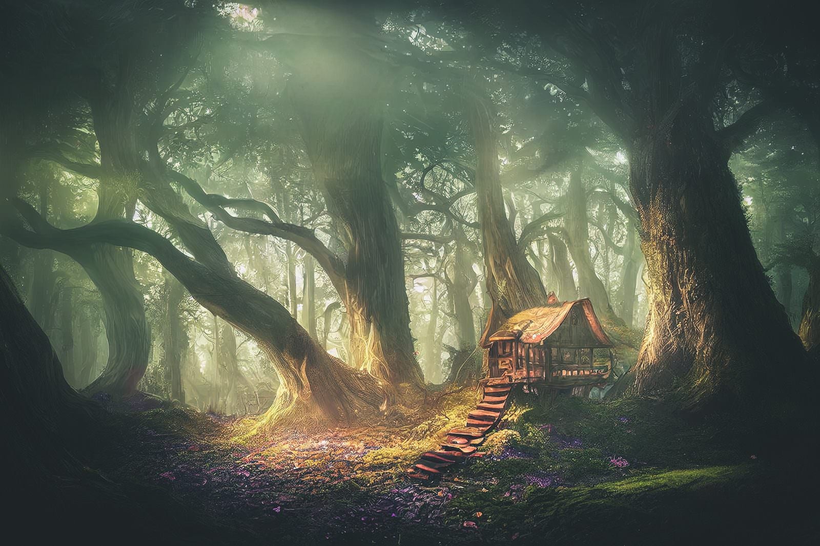 「巨樹に囲まれた小さな小屋」の写真