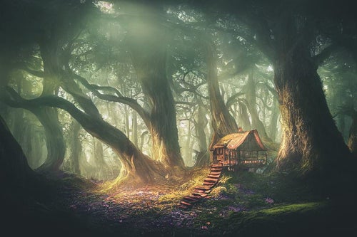 巨樹に囲まれた小さな小屋の写真