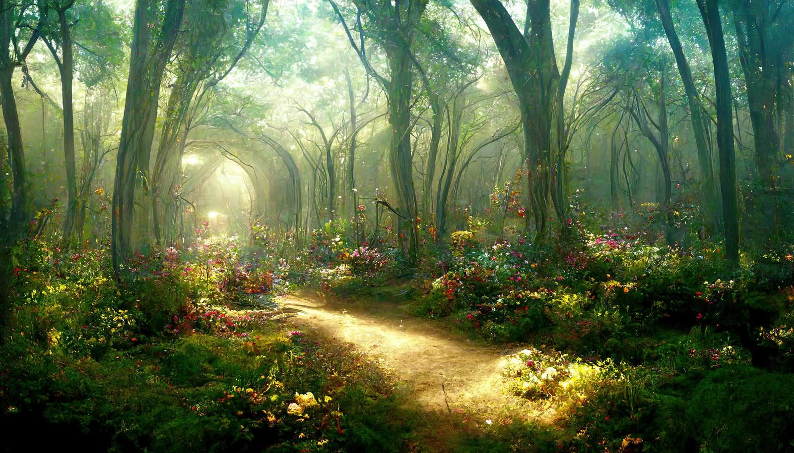 「小さな花が咲く森の中の小道」の写真