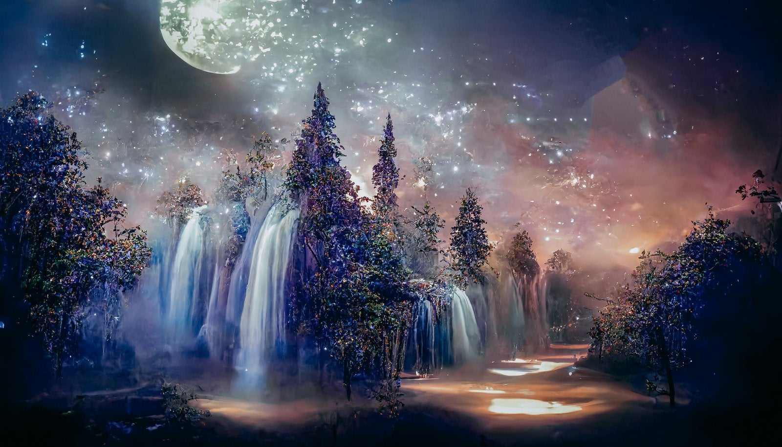 「木々の間から流れる滝と舞い上がる光」の写真