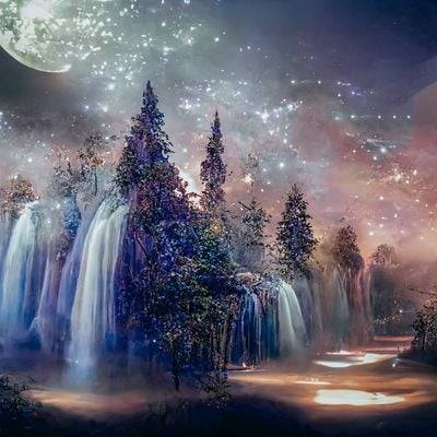 木々の間から流れる滝と舞い上がる光の写真