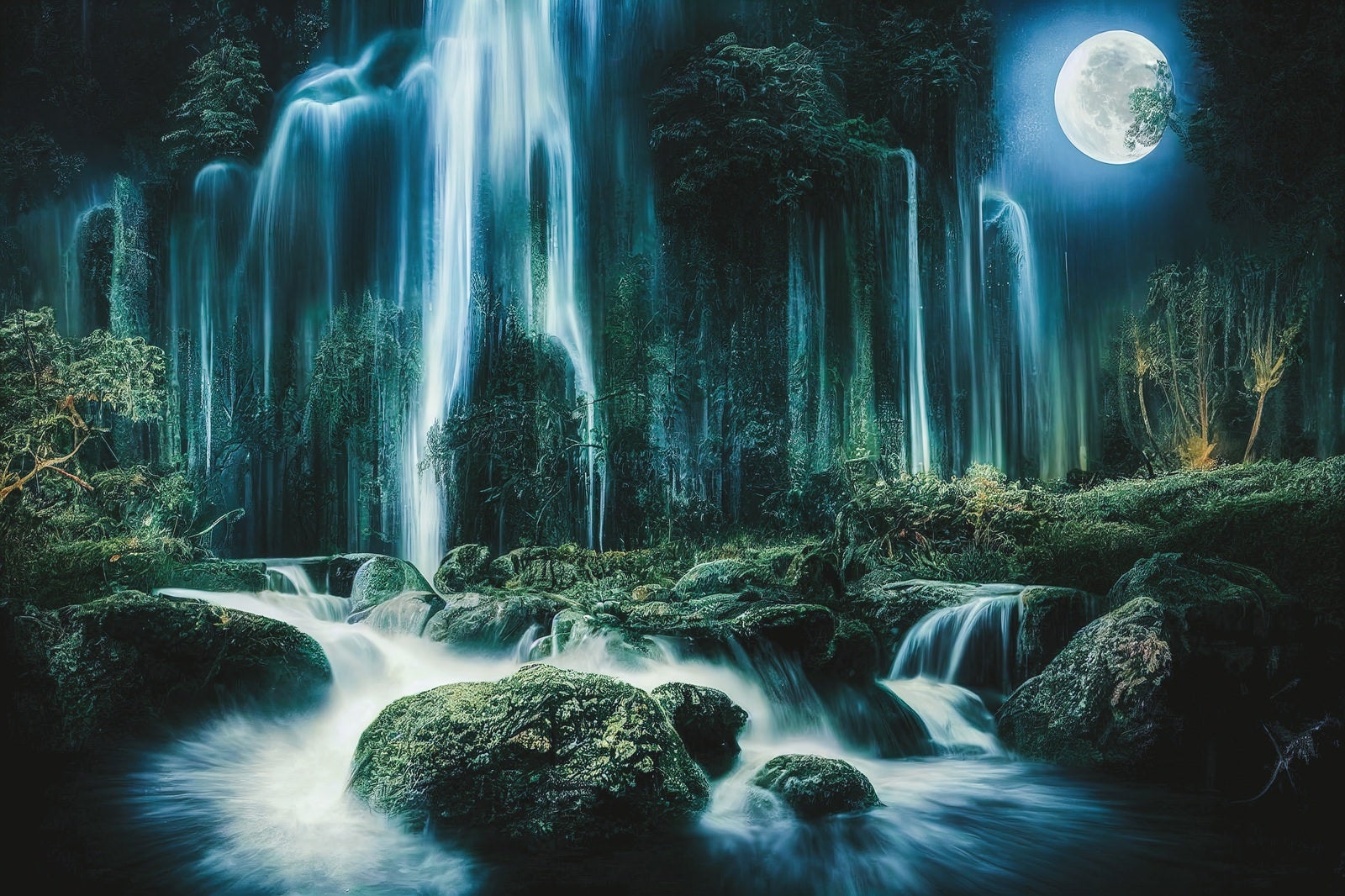「満月に照らされる白糸の滝」の写真