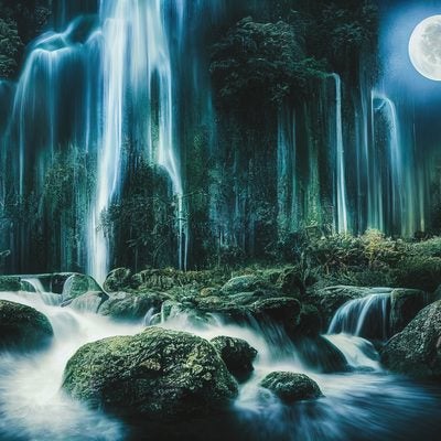 満月に照らされる白糸の滝の写真