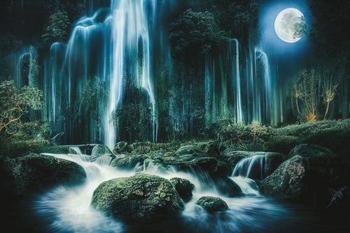 満月に照らされる白糸の滝の写真