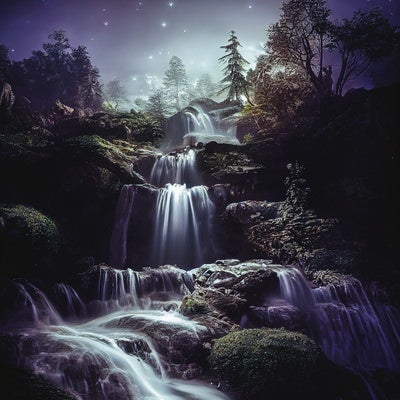 三日月の夜の滝の写真