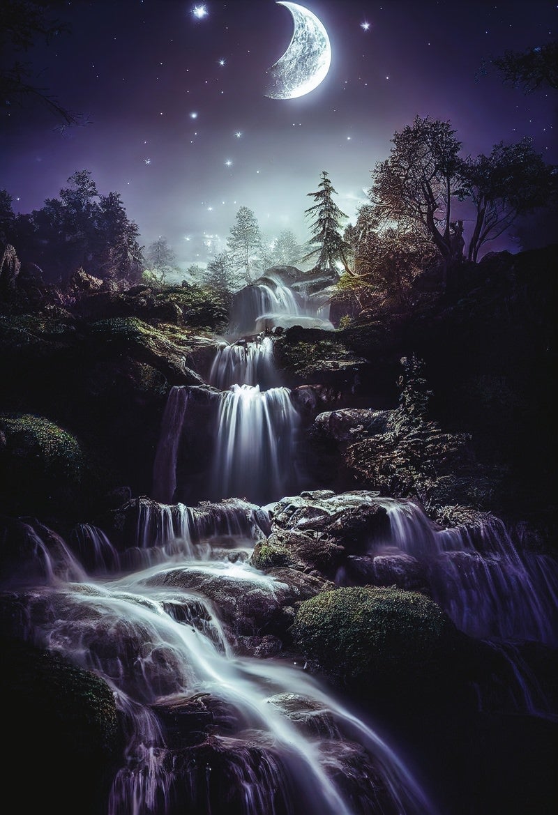 「三日月の夜の滝」の写真