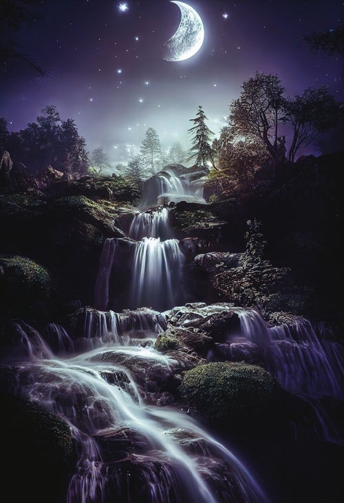 三日月の夜の滝の写真