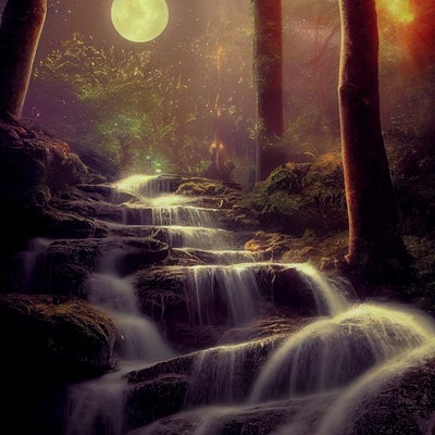 月明りに照らされた段々の滝の写真