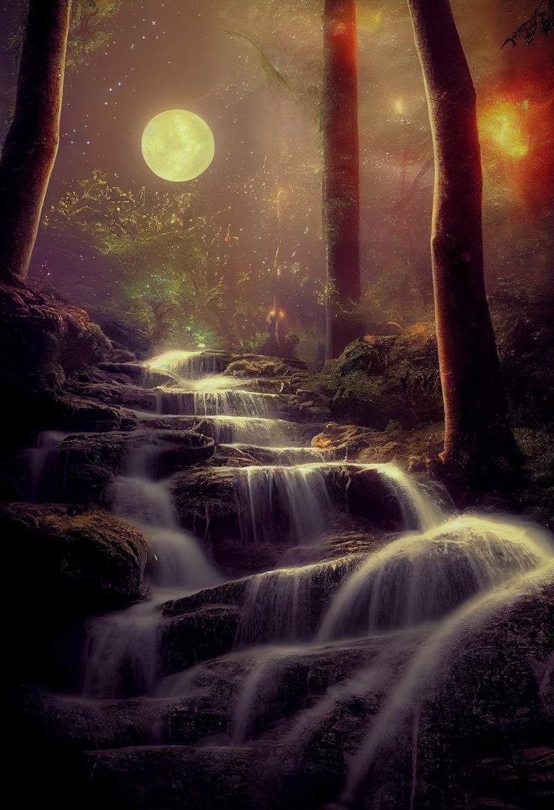 「月明りに照らされた段々の滝」の写真