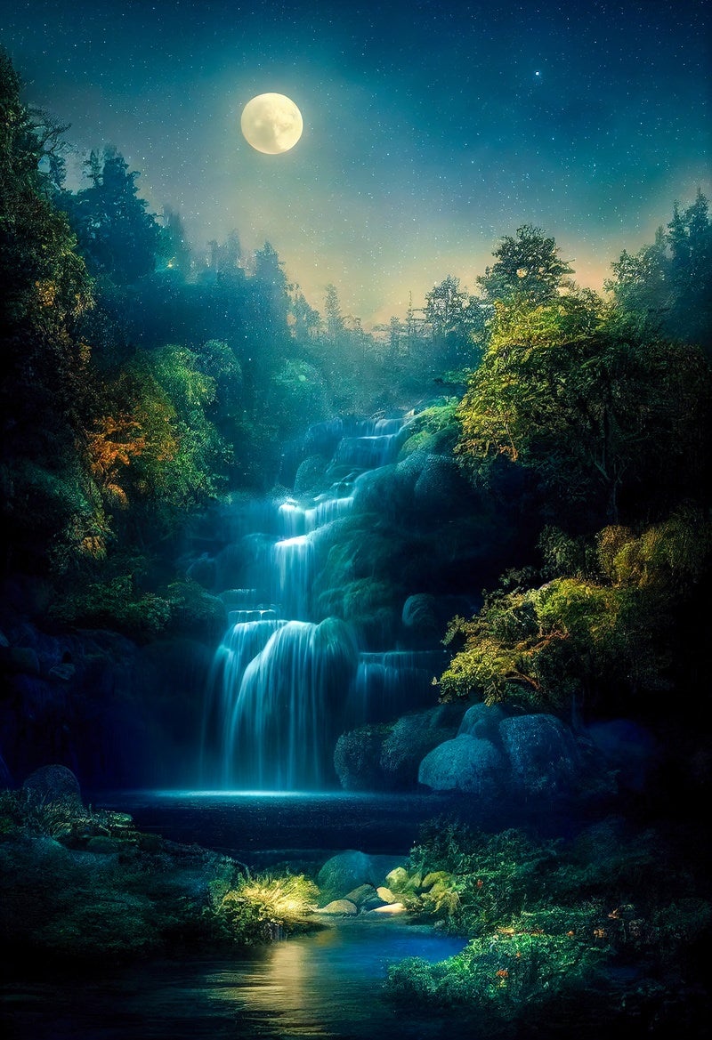 「月明りに照らされた森の中の滝」の写真